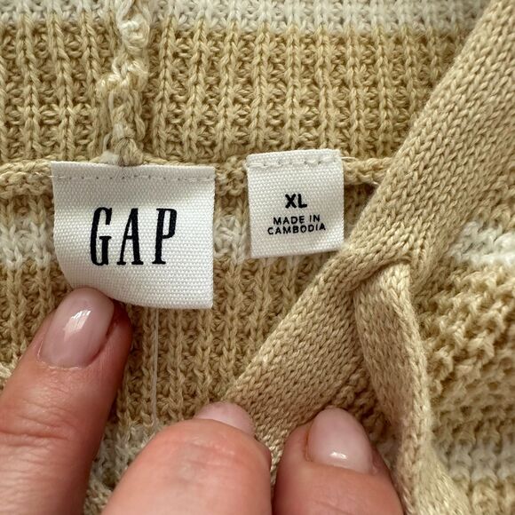 Gap Women's Hooded Sweater Size XL Waffle Knit Carmel White Stripe Beach - Picture 3 of 9